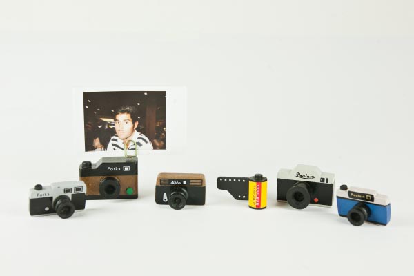 Wooden Camera Gift Set Including Photo Stand, Fridge Magnets and Stamp