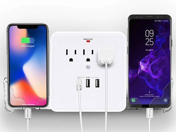 The Wall Mount Surge Protector with 3 USB Ports and Phone Holders