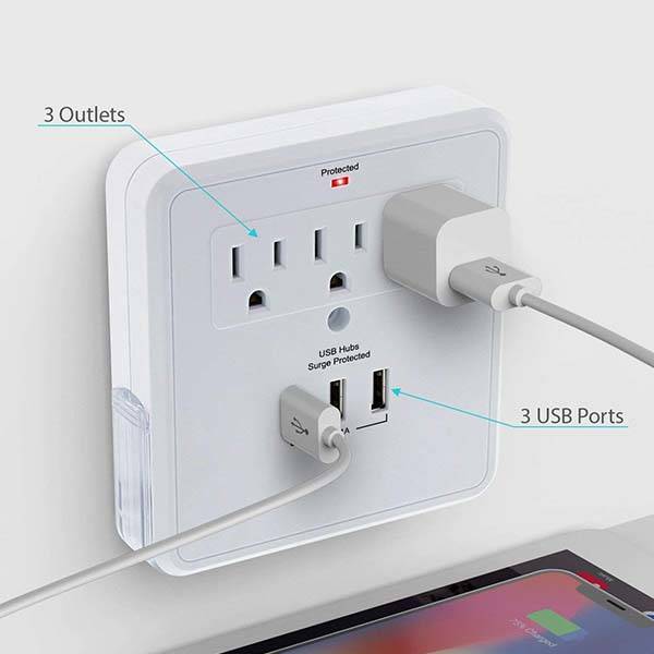 The Wall Mount Surge Protector with 3 USB Ports and Phone Holders