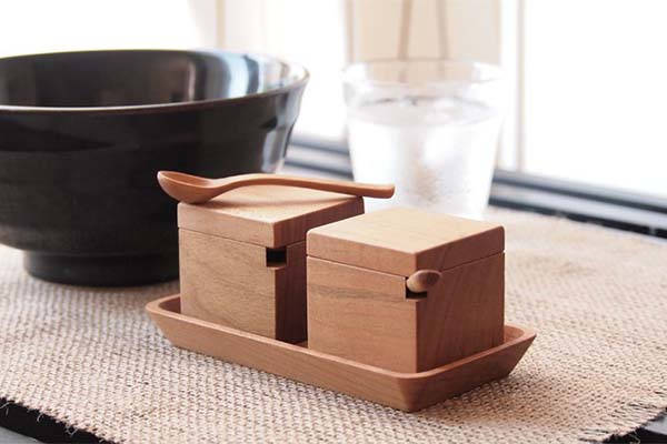 Handmade Wooden Spice Containers with Spoons and Tray