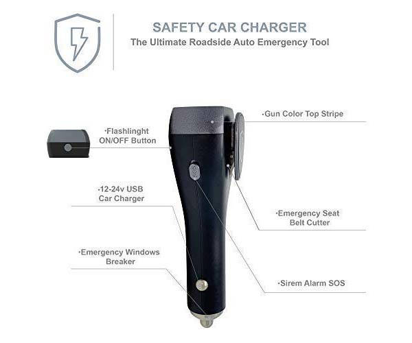 Safety USB Car Charger with Power Bank, LED Flashlight, Window Breaker and More