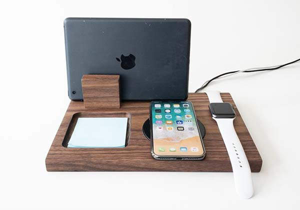 Handmade Wooden Qi Charging Station with Optional Tablet Stand and AirPods Holder