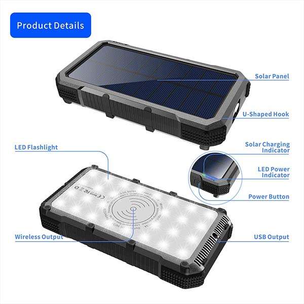 Mingese Solar Power Bank with Wireless Charging Pad and LED Flashlight