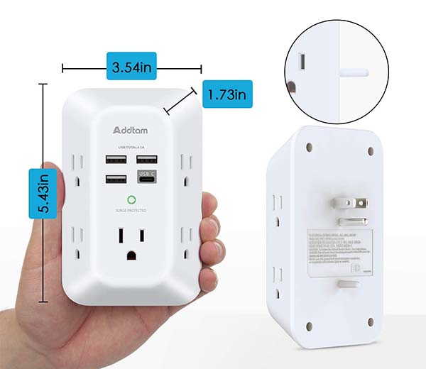 Addtam 5 Outlet Extender with USB Charger