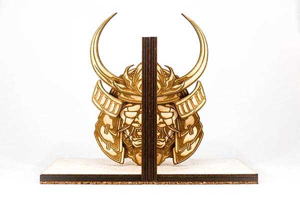Handmade Wooden Bookends Inspired by Samurai Helmets