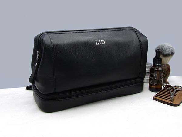Handmade Mens Black Leather Toiletry Bag with Personalization