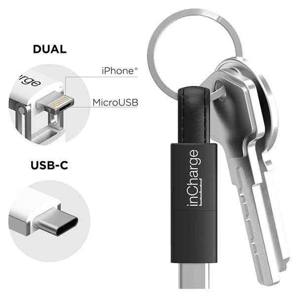 inCharge 3-In-1 Keyring Charging Cable with Lightning, USB-C and MicroUSB Connectors