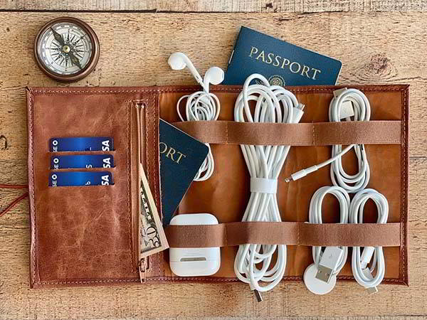 Handmade Personalized Leather Cable Organizer and Passport Holder