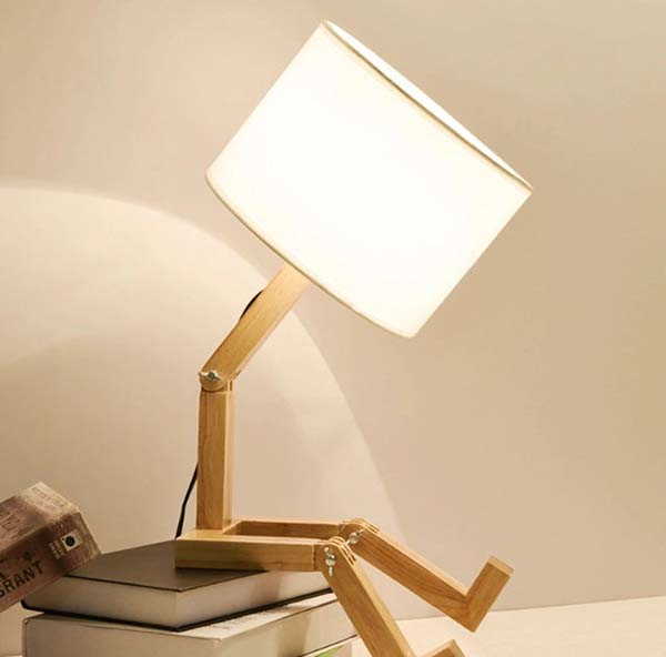 Handmade Robot Inspired Wooden Led Desk, Wooden Desk Lamp